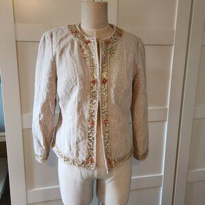 Margaret Frances Cream Gold Linen Cotton Beaded Blazer Size Small